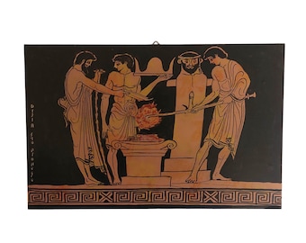 May include: A framed painting showing a classical scene with figures in draped clothing. The artwork has a black background with terracotta-coloured figures and a decorative border. The scene includes a central altar with a fire.