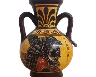 ギリシャ陶器、赤像式アンフォラ 17 cm、ネメアの獅子とヘラクレス