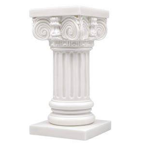 Puede incluir: Un pedestal decorativo blanco con una parte superior y base cuadradas y una columna central estriada. El capitel está adornado con intrincados volutas y detalles tallados, creando una apariencia arquitectónica clásica para este soporte blanco.