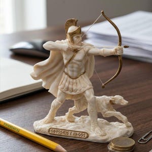 Puede incluir: Estatua de color crema de un hombre con arco y flecha, con casco y armadura, con un perro a sus pies. La estatua está sobre una base con las palabras "Odysseus & Argos". El arco es de color dorado.