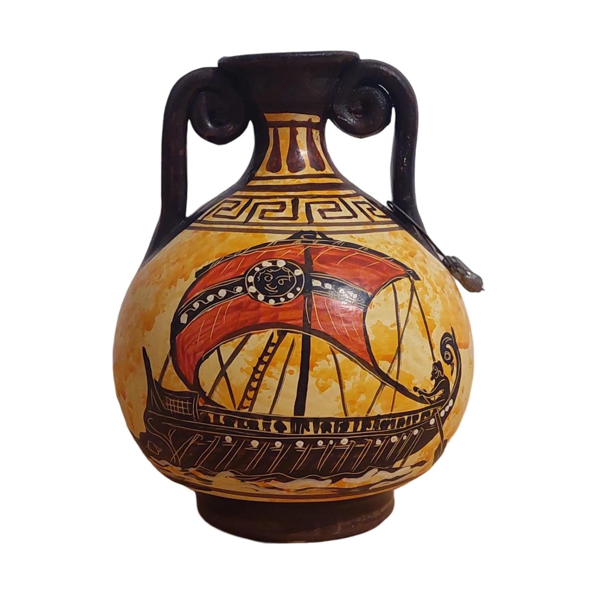 Ancient Greek Ship Vase Handmade Ceramic Pottery With Sail Trireme