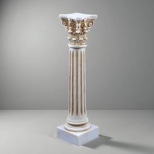 May include: A white and beige decorative column with a square base and ornate capital. The column has vertical grooves and a detailed floral design at the top. The column is approximately 76 cm tall.
