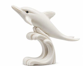 Dolfijnstandbeeld Albast Oude Griekenland Romeinse mythologie Sculptuur Beeldje Oceaankunst Zeedecor Neptunus