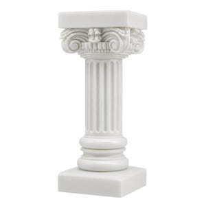 May include: A white decorative column stand featuring a square top and base with a fluted cylindrical shaft. The capital is adorned with detailed scroll-like volutes and carved floral motifs, creating a structured architectural appearance.