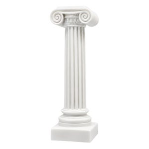 May include: A white Ionic column featuring a fluted shaft, a square base, and a capital adorned with two prominent volutes. The structure displays vertical grooves running along the length of the column, terminating in a decorative scroll design.