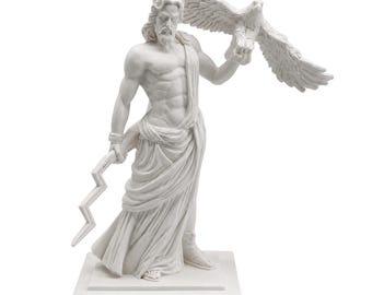Albasten standbeeld van Zeus: beeldhouwwerk koning God, decor oude Griekse Romeinse mythologie