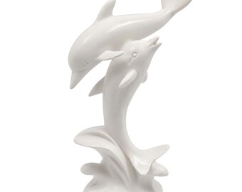 Two Dolphins Alabaster Sculpture: Ancient Greece Poseidon Marine Decor