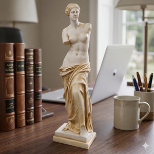 May include: A cream-colored statue of Venus, with missing arms, stands on a rectangular base. The sculpture is draped in fabric and has a serene expression. Books, a laptop, and a mug with a Greek key design are also visible on the desk.