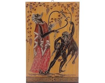 May include: A rectangular wooden plaque depicting a classical Greek scene. A figure in red robes plays a stringed instrument, while another figure struggles with a bull. The background is a light brown with grape vines.