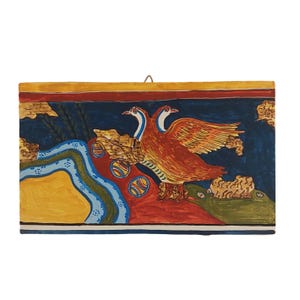 Minoan Style Bird Fresco Replica Wooden Wall Panel Hand Painted Ancient Aegean Art