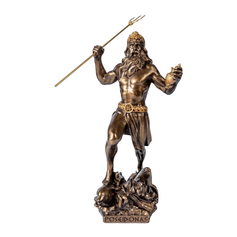 May include: Bronze statue of Poseidon, the Greek god of the sea, holding a trident and a small vessel. The statue has intricate details, including a long beard and a decorative belt. The base of the statue has the word "POSEIDONAS".