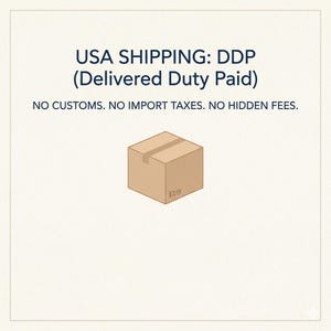 May include: A tan cardboard box with the Etsy logo, set against a cream background. The text above reads "USA SHIPPING: DDP (Delivered Duty Paid)" and below, "NO CUSTOMS. NO IMPORT TAXES. NO HIDDEN FEES."