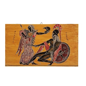 Muurkunst Athena en Titan, oude Griekse scène, schilderij op houten paneel