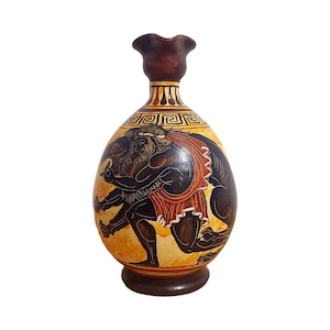 May include: A hand-painted, antique-style vase with a brown base and neck. The vase features a detailed illustration of a mythological scene in black, red, and yellow. The vase has a bulbous body and a fluted top.