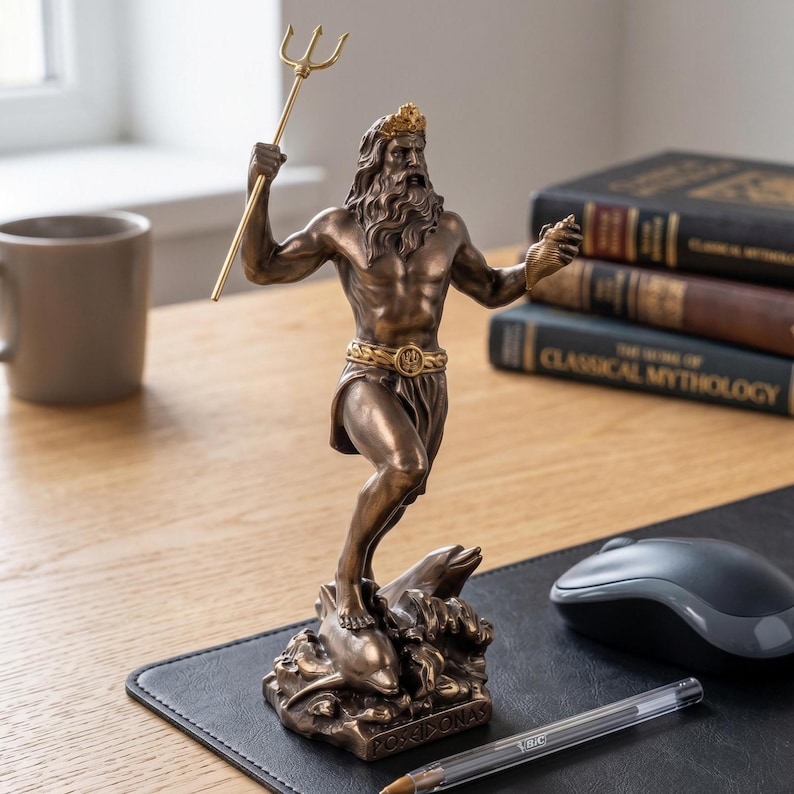 May include: A bronze statue of Poseidon, the Greek god of the sea, holding a trident and a seashell. The statue features a crown, beard, and belt. It stands on a base with dolphins and the word "POSEIDONAS".