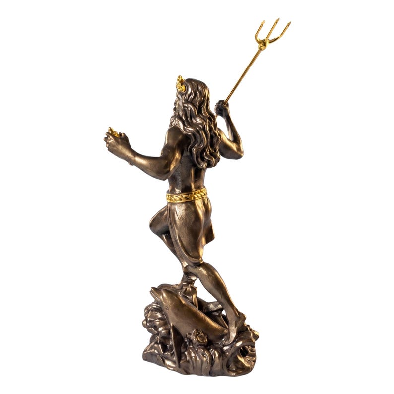 May include: Bronze statue of a male figure, possibly Poseidon or Neptune, holding a gold trident. The figure has long hair and a crown, standing on a base with a dolphin. The statue has gold accents and is set against a white background.