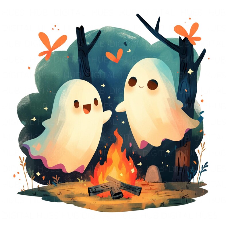 10 Cute Couple Ghost Dancing by Fire Clipart Watercolor Cartoon Kawaii ...