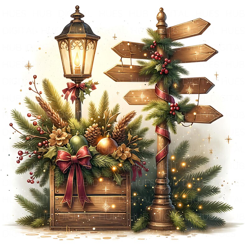 11 Christmas Signpost Clipart: Watercolor Holiday Signage JPG, Vintage ...