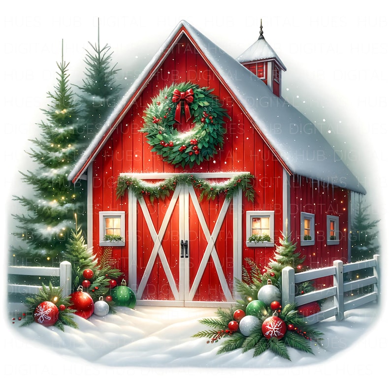 16 Christmas Red Barn Clipart: Watercolor Holiday Farm Barn Scene JPEG ...