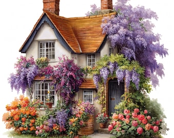 17 Floral Cottage Clipart Watercolor Floral Cottage Garden English House Printable High Quality JPEG Junk Journal Scrapbook Paper Craft Card