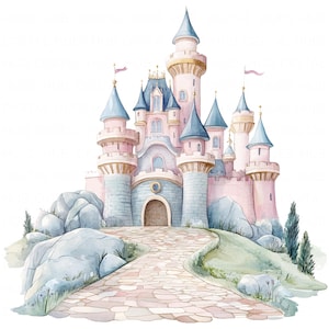 May include: A pink and blue watercolor illustration of a fairytale castle with a stone path leading up to the front door. The castle has multiple towers and is surrounded by green grass and rocks.