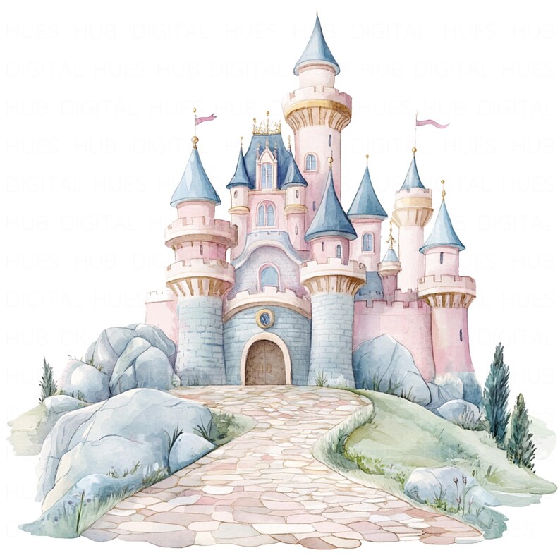 May include: A pink and blue watercolor illustration of a fairytale castle with a stone path leading up to the front door. The castle has multiple towers and is surrounded by green grass and rocks.