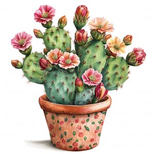 18 Cactus in vaso Clipart Acquerello Fioritura Cactus Pianta Succulenta Stampabile Alta Qualità JPG Download Digitale Junk Journal Scrapbook Artigianato