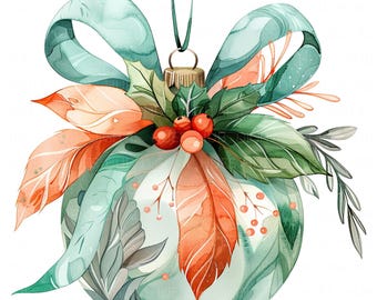 25 Scandinavian Christmas Bauble Clipart: Watercolor Vintage Ornament JPEG, Folk Art Digital Download For Xmas Junk Journal & Greetings Card