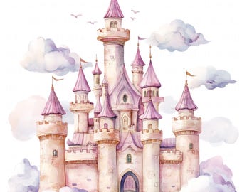 17 Clipart de Castelo de Princesa Rosa, Aquarela Pastel, Castelo Desenhado à Mão, Imprimível em JPEG de Alta Qualidade, Diário de Papel, Artesanato, Scrapbook