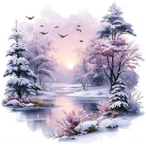 12 Vintersjölandskap Clipart Akvarell Vintersjökonst Skogsscen Solnedgång Utskrivbar Högkvalitativ JPEG Skräpjournal Natur Scrapbooking