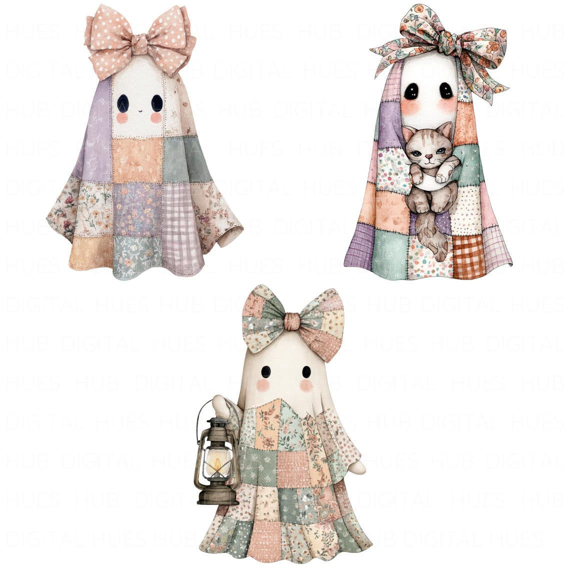 Patchwork Ghost Pattern 14 Cute Patchwork Ghost Clipart Spooky Season, Quilt Ghost PNG, Cute ...