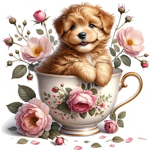 11 Puppy In Tea Cup Clipart Watercolor Pet Tea Cup Graphics Art Printable High Quality JPEG Junk Journal Paper Craft Scrapbook Nursery Cards
