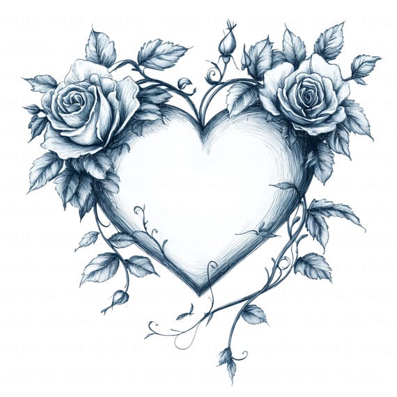 10 Rose Heart Sketch Clipart Watercolor Printable Floral Heart High Quality JPEG For Paper Craft Junk Journal Wedding Card Valentines Day