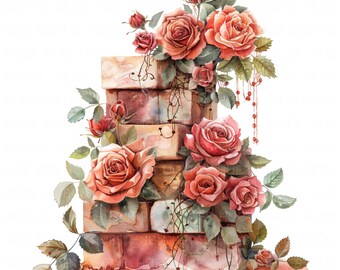 10 Rose Brick Wall Clipart Aquarela Jardim Parede Clipart Floral Parede Imprimível Alta Qualidade JPEG Junk Journal Scrapbook Papel Artesanato DIYs