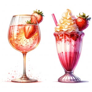 May include: Two refreshing beverages are depicted against a white background. On the left, a wine glass filled with a pink, bubbly drink and garnished with a strawberry. On the right, a layered sundae with whipped cream, a strawberry, and a pink straw.
