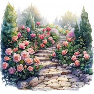 Paquete de 12 imágenes prediseñadas de caminos de piedra de jardín de rosas, imágenes prediseñadas de escaleras de piedra de acuarela, imágenes prediseñadas de alta calidad JPEG imprimibles para álbumes de recortes, diarios basura, manualidades de papel