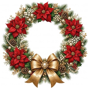 May include: A circular Christmas wreath featuring vibrant red poinsettia flowers, green pine needles, brown pinecones, and clusters of small white and gold berries. A large, ornate gold ribbon bow with a central pearl accent sits at the bottom.