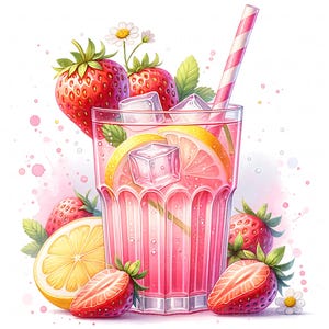 May include: A refreshing pink drink in a clear glass, garnished with lemon slices, strawberries, ice cubes, and mint leaves. A striped straw adds a playful touch. The image is set against a white background with watercolor-style pink accents.