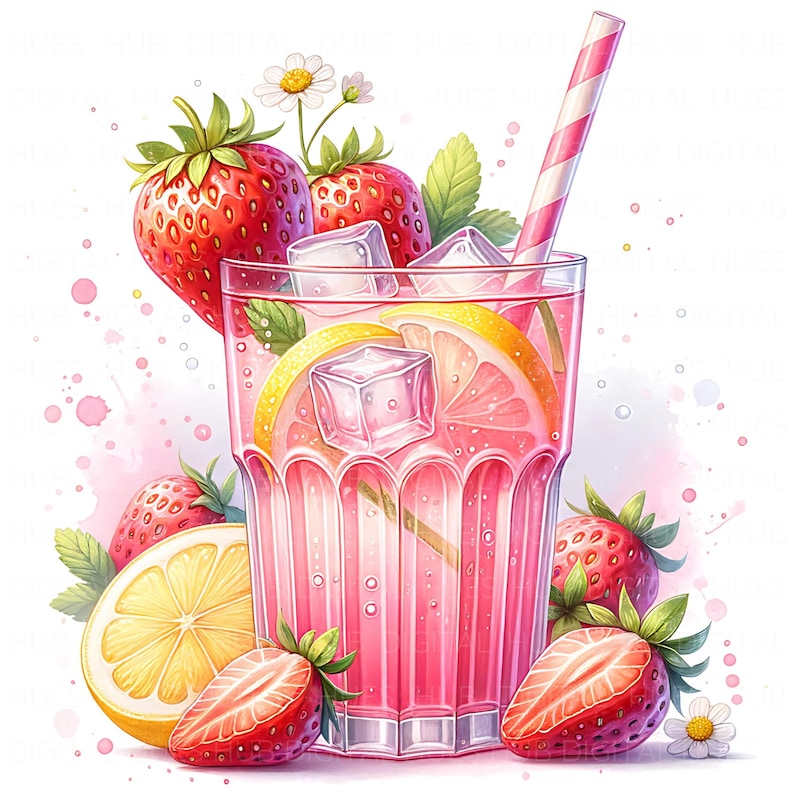May include: A refreshing pink drink in a clear glass, garnished with lemon slices, strawberries, ice cubes, and mint leaves. A striped straw adds a playful touch. The image is set against a white background with watercolor-style pink accents.