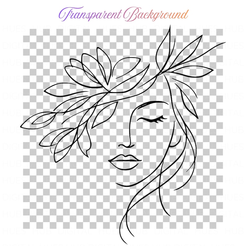 May include: A black line art illustration of a woman's face with closed eyes, adorned with floral and leaf elements. The text "Transparent Background" is written in a gradient font at the top.