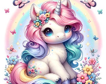 Può includere: Un adorabile unicorno di cartone animato con una criniera e una coda rosa, blu e gialla. L'unicorno indossa una corona di fiori e ha grandi occhi blu. Lo sfondo è un arcobaleno con stelle e farfalle.