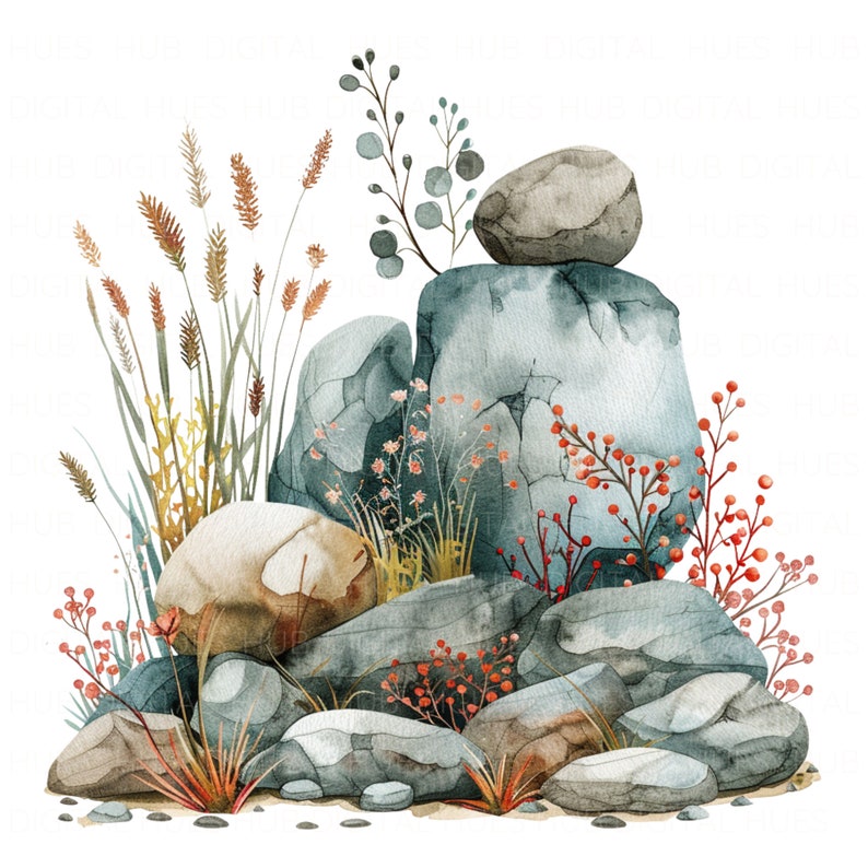 15 Rock Garden Clipart Bundle Watercolor Rock Clipart Printable High ...