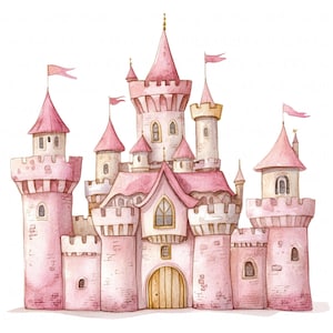 May include: A pink watercolor illustration of a fairytale castle with multiple towers, windows, and a large, arched doorway. The castle has a whimsical and charming design, perfect for a children's storybook.