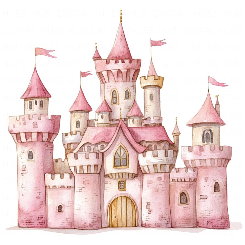 May include: A pink watercolor illustration of a fairytale castle with multiple towers, windows, and a large, arched doorway. The castle has a whimsical and charming design, perfect for a children's storybook.