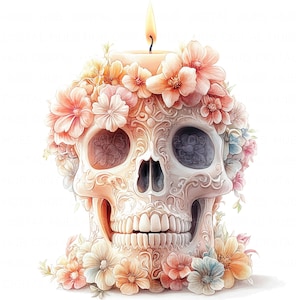 10 Floral Halloween crâne bougie Clipart aquarelle effrayant crâne humain haute qualité JPEG imprimable pour scrapbooking journaux indésirables papier artisanat