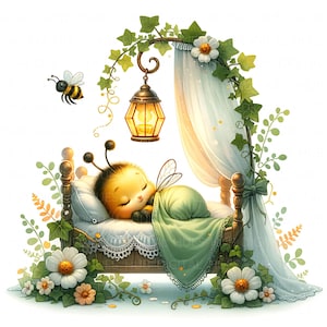 13 Bebê Abelha Dormindo Na Cama Clipart Floral Bebê Abelha Desenho Animado Abelha Bumble Bee Berçário Imprimível Alta Qualidade JPG Scrapbook Junk Journal Papel Artesanal