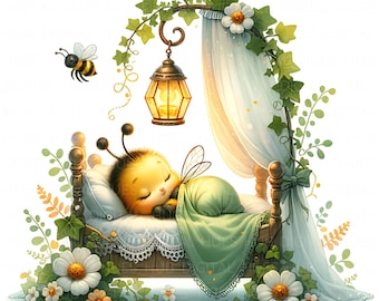 13 Baby Bee Sleeping In Bed Clipart Floral Baby Bee Cartoon Bumble Bee Nursery Printable High Quality JPG Scrapbook Junk Journal Paper Craft