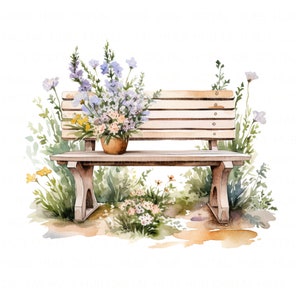 14 Bundle de cliparts de banc de jardin en bois rustique aquarelle jardin Clipart haute qualité JPEG imprimable pour scrapbooking Journal indésirable artisanat en papier