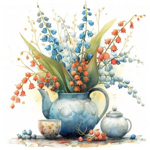 10 cliparts aquarelle de muguet lys colorés imprimable haute qualité JPEG fleur de lys Clipart pour cartes journaux indésirables mariage bricolage