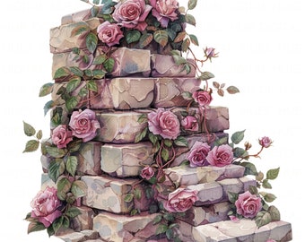 10 Rosa Rosa Tijolo Parede Clipart Aquarela Jardim Clipart Floral Parede Imprimível Alta Qualidade JPEG Junk Journal Scrapbook Papel Artesanato DIYs
